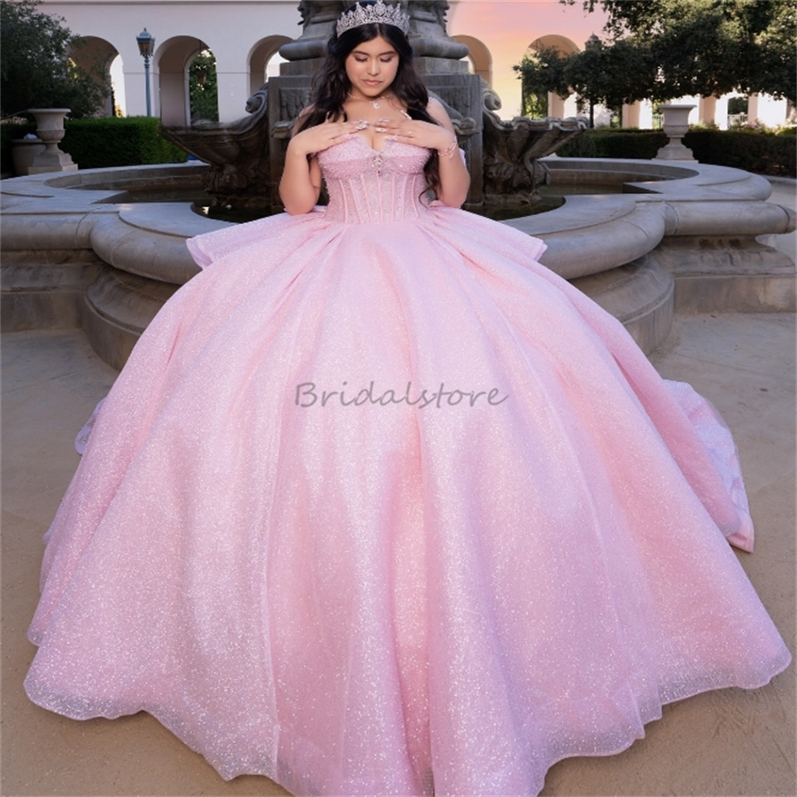 Glitter Pink Quinceanera Dresses Debutante Gorgeous Puffy Beaded Vestidos De 15 Quinceanera Elegant Charro Sweet 16 Dress Fifteen Birthday Formal Occa