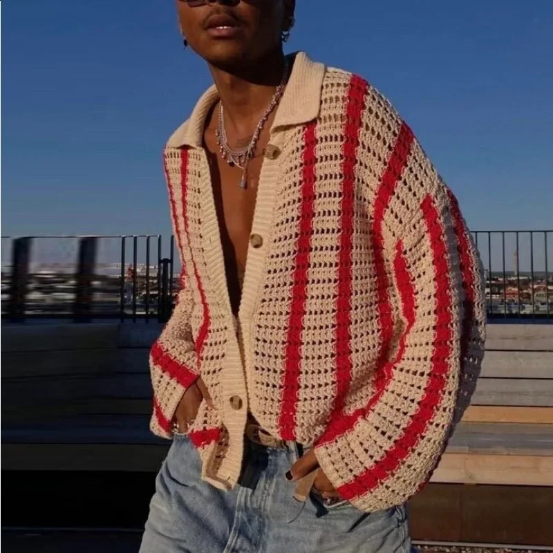 Mens outerwear full matching short sleeved Y2K patch work knit sweater top summer cardigan and lapel sweater 241007