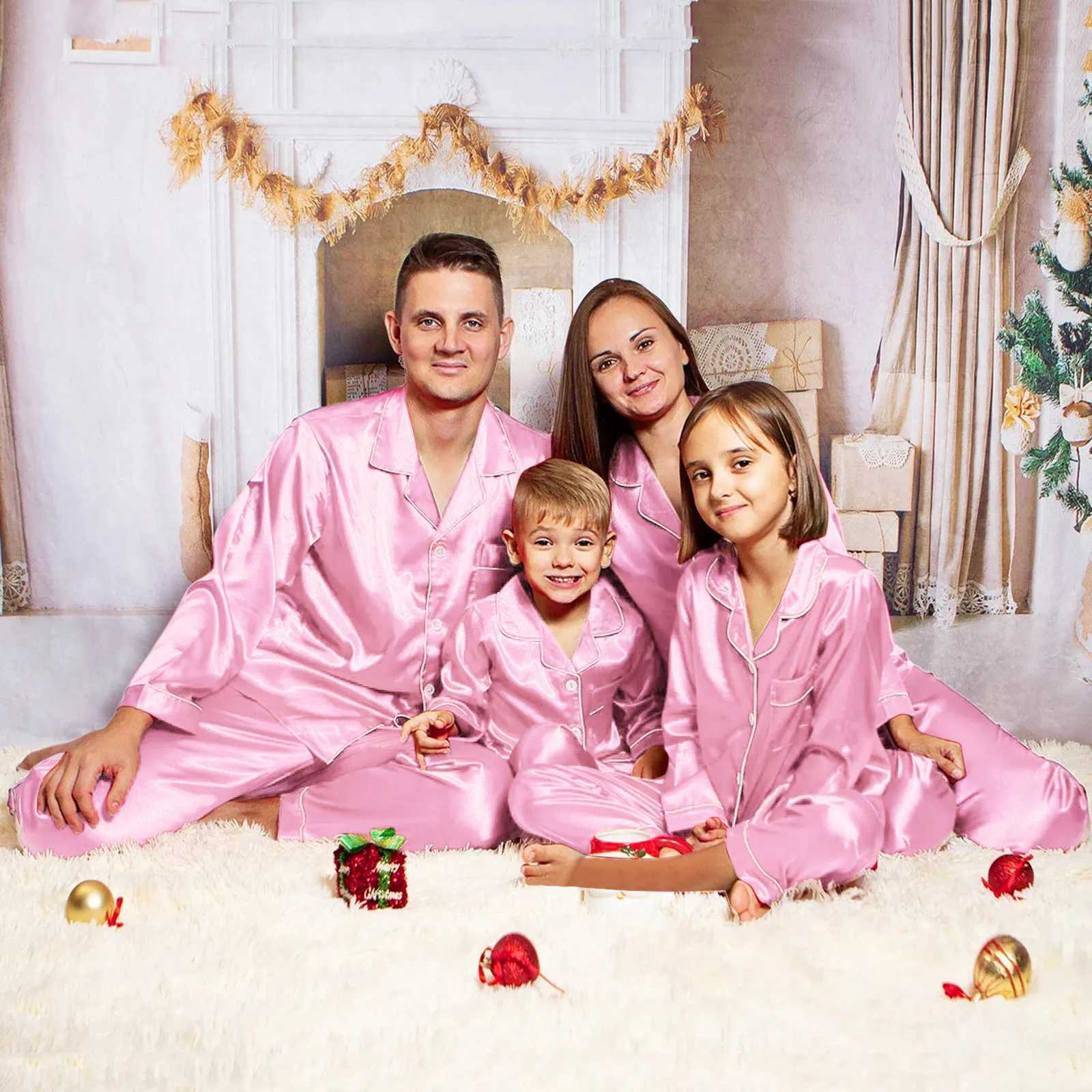 Christmas satin pajamas pink family matching set Father Mother Childrens Christmas pajamas family clothing W241008