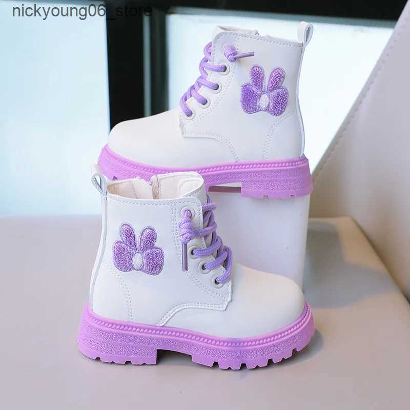 Boots Autumn Kids Ankle Boots Fashion Princess Leather Boots Purple Anti Slip Soft Bottom Girls Shoes Versatile Children Short Boots L240910