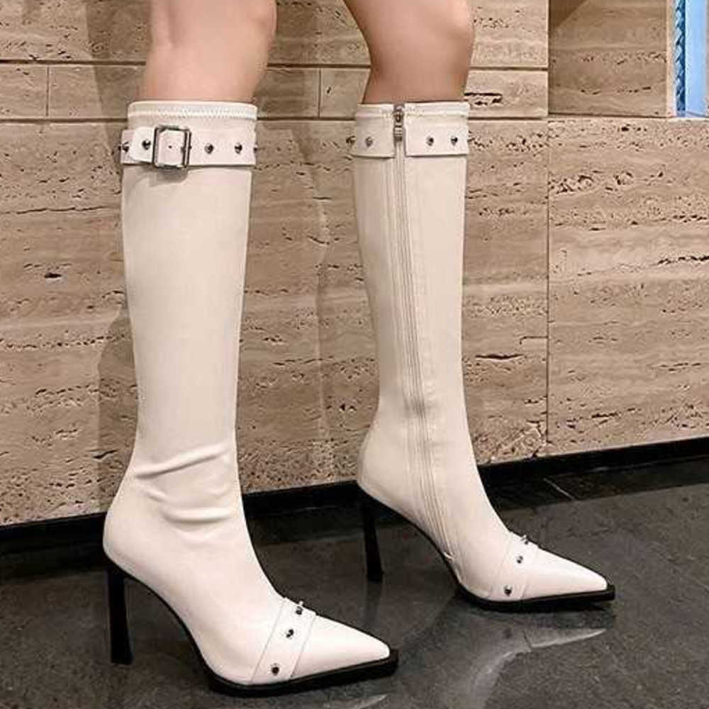 Riveted Long Tube Martin Boots For Women With Slim Heels Fashion Boots French Style Pointed High Tube Boots Black High Heels Slimming Boots 240826