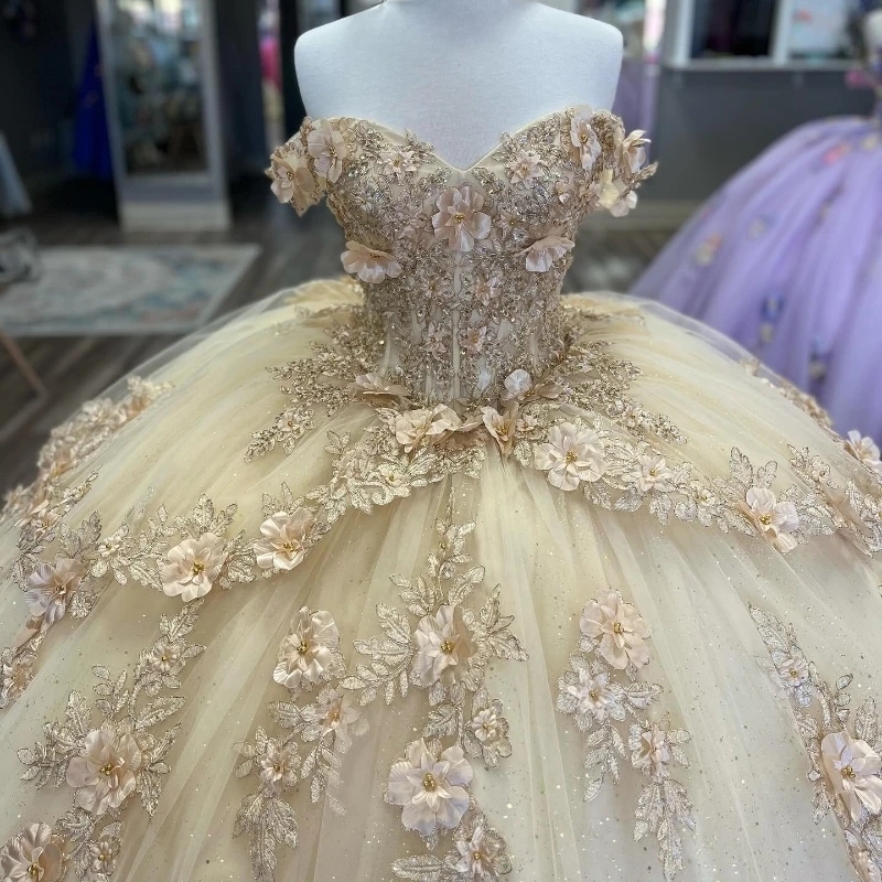 Light Champagne Shiny Quinceanera Dresses Off Shoulder Corset Ball Gown Applique Lace Beads Tull Sweet 16 Dress Vestidos De 15 Anos