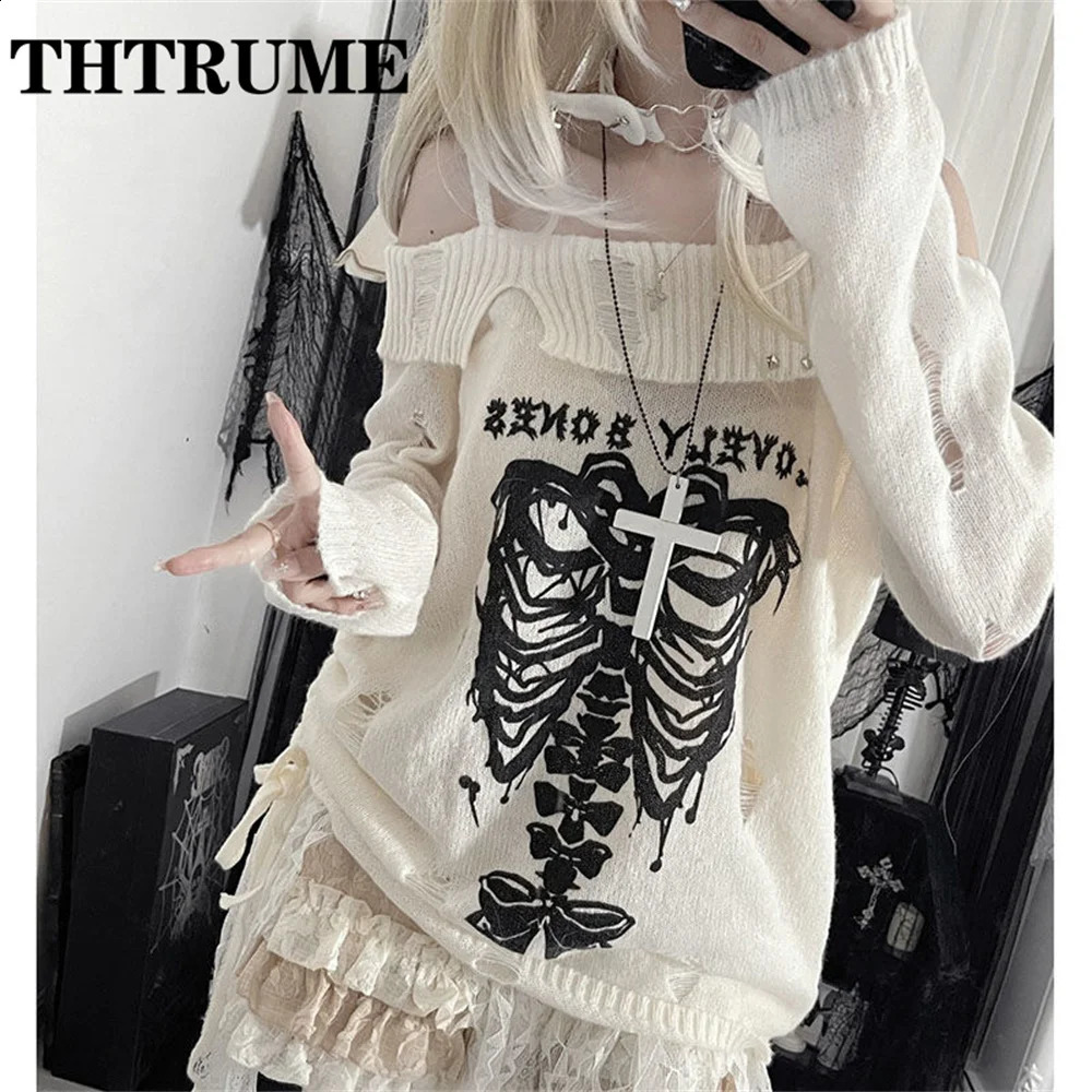 Harajuku retro Y2K sweater fashionable womens knitted hollow autumn long sleeved skydiving top casual shoulder loose zipper 240927