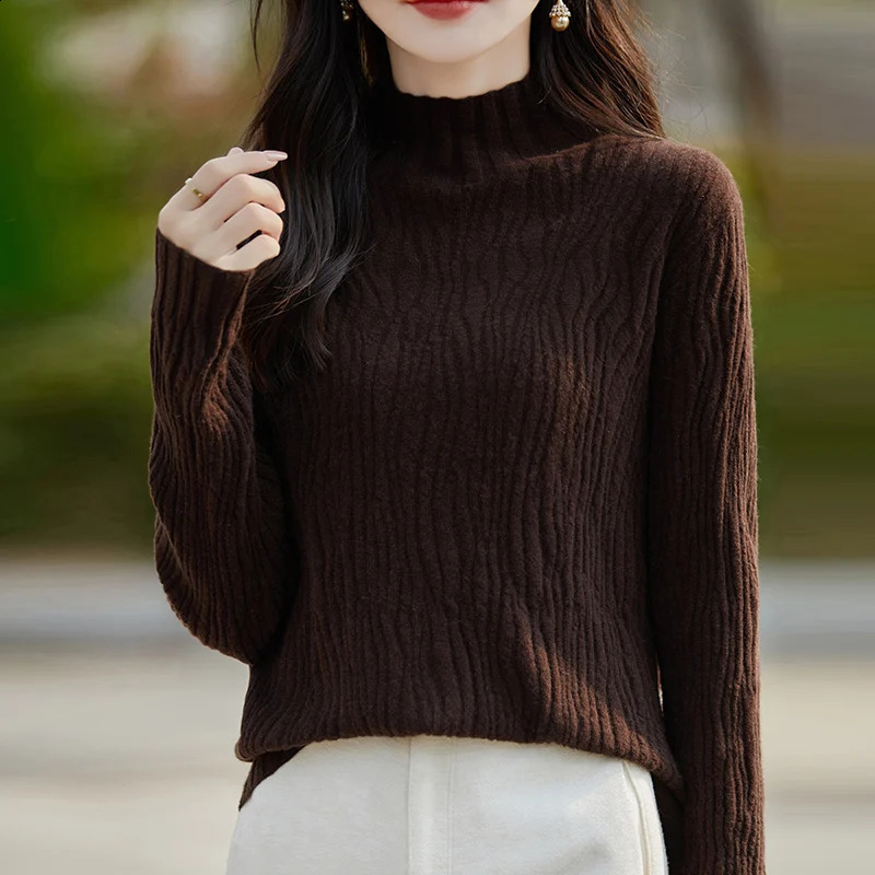 Turtleneck Sweater Womens Long Sleeve Knitted Fashion Agent Stripe Ultra Thin Autumn Winter Plain Collar Zipper 241007
