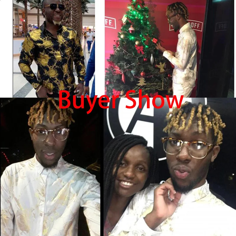 Mens Golden Rose Flower Printed Shirt Flower Steampunk Chemical White Long Sleeve Wedding Party Bronze Kamissa Masculina 241008