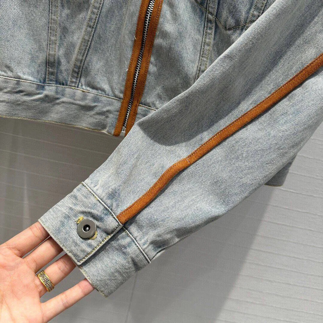 autumn fashion suede trimmed washed denim shorts jacket womens lapel zipper long sleeved pocket retro jacket 240925