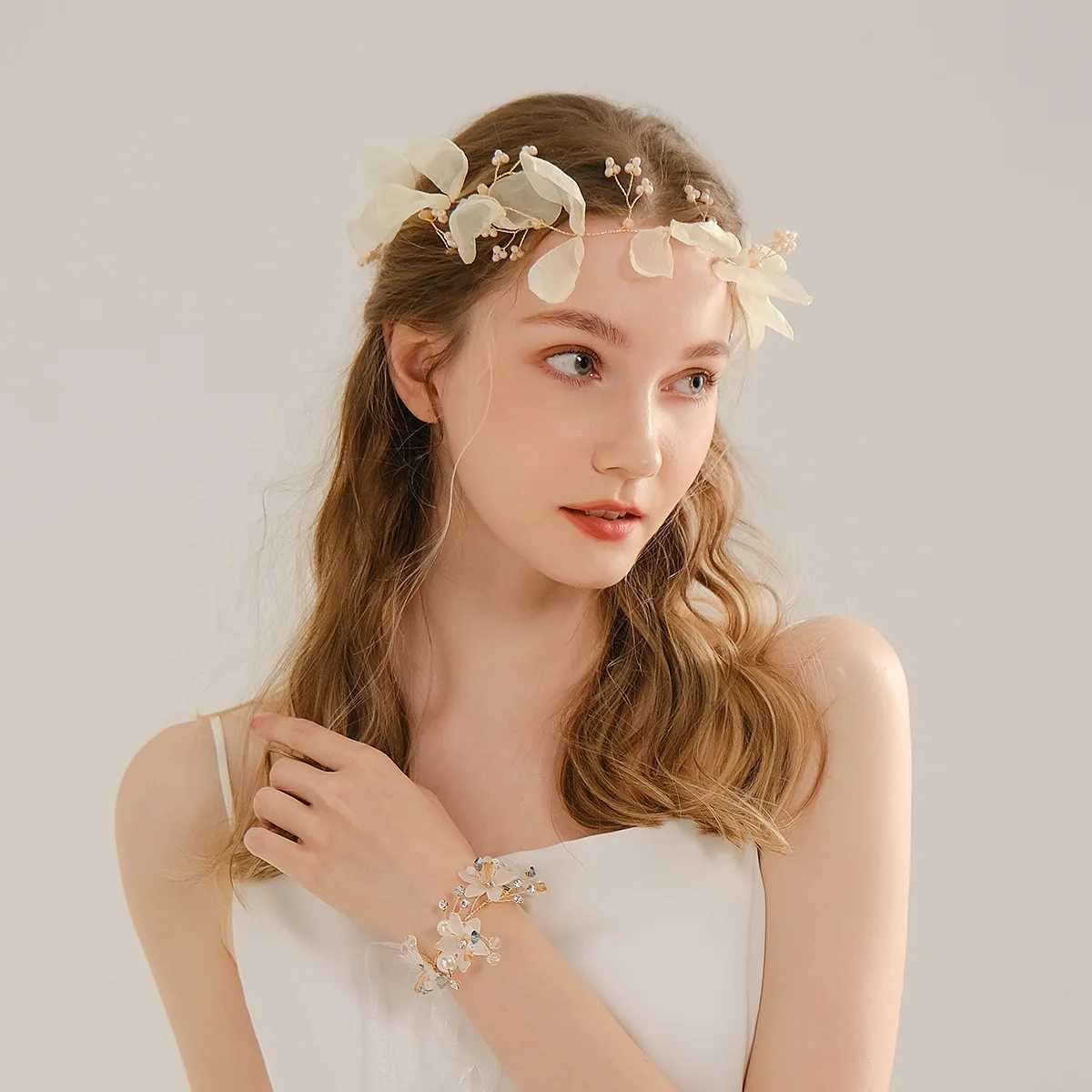 Bridal hair accessories wedding womens pearl hair fairy pink earrings girls head flower crown gold wire decoration women W241007