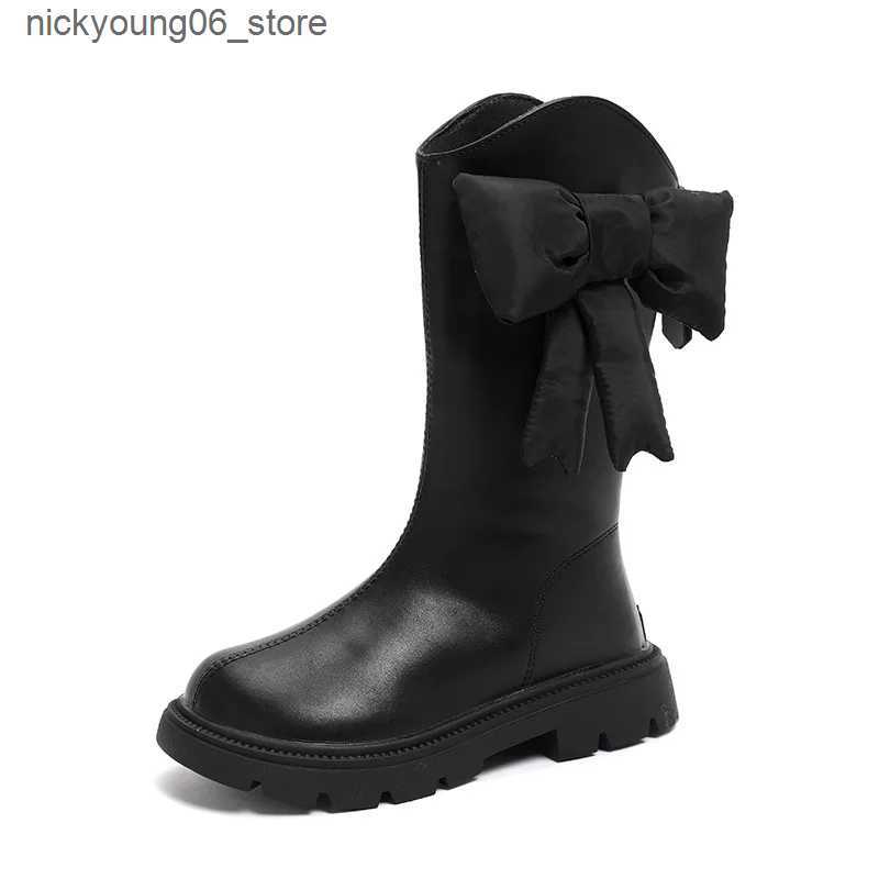 Boots New Winter Girls Princess Cotton Boots Elegant Bowknot Children Causal Boots Fashion Black Versatile Kids Simple Mid-calf Boots L240910