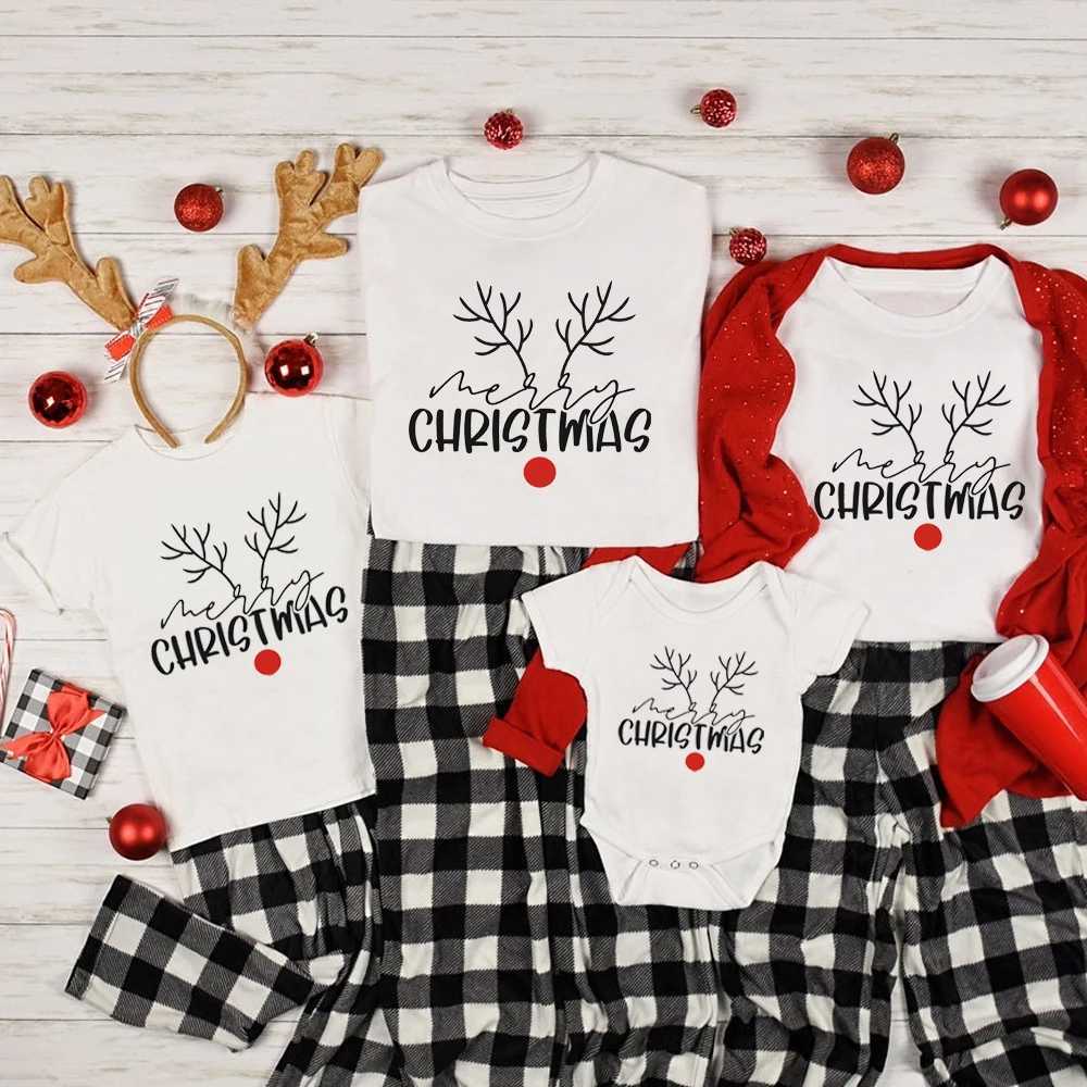 Merry Christmas Printed Family Matching Clothing Cotton Mom and Dad Childrens T-shirts Baby Tights Family Appearance New Year Party Set W241008
