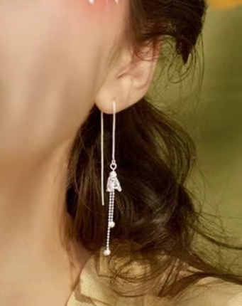 Pure sier needle patterned wind chime cute bell ear tassel earrings simple trendy women's style