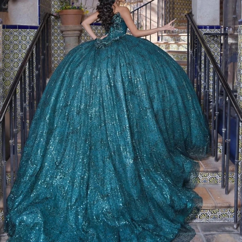 Luxury Blackish Green Off The Shoulder Quinceanera Dresses Lace Beading Crystal Tull Sweet 16 Dress Ball Gown Vestidos De XV 15 Anos