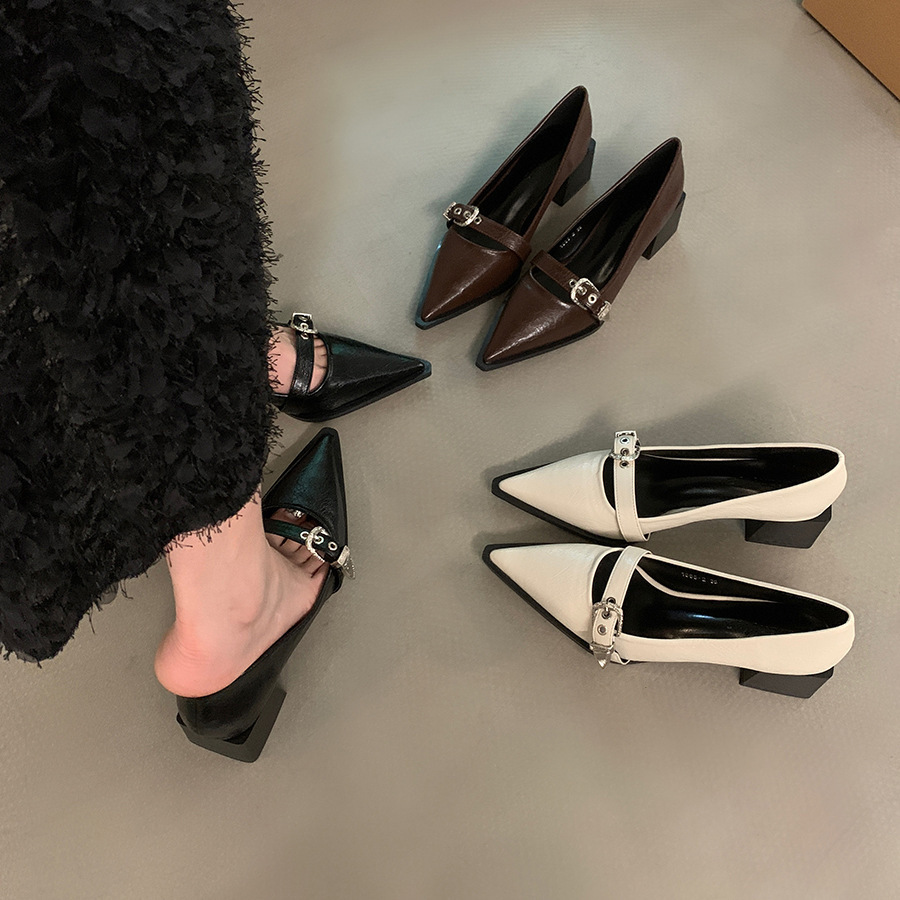 2025 New Designer Korean French Small Leather Commuter Shoes Thick Black Pointed Women's Single High Heels