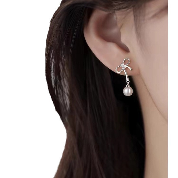 needle bow pearl new 2024 women's light niche earrings