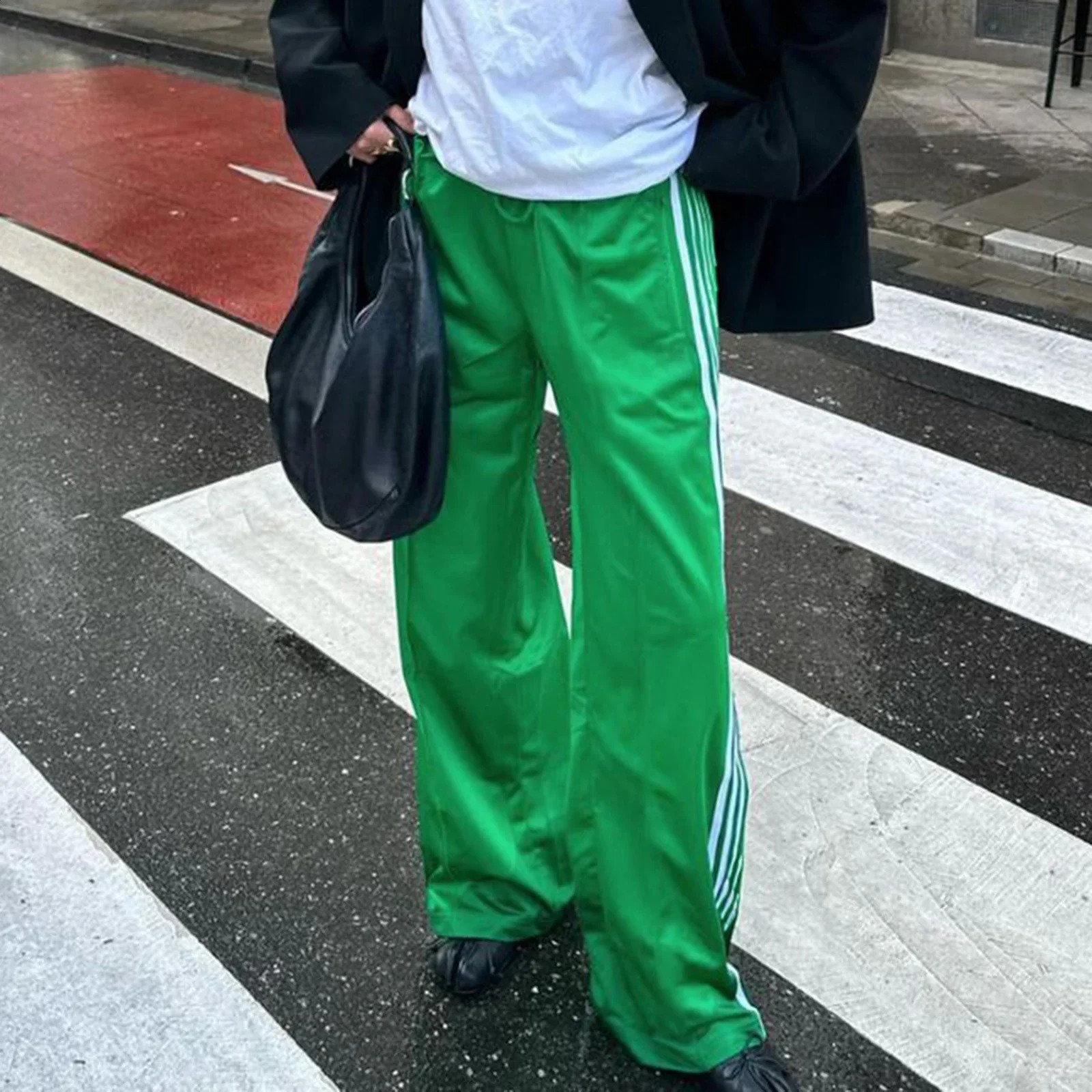 Women Y2k Wide Leg Track Pants Baggy Striped Joggers Sweatpants Elastic Waist Color Block Parachute with Pockets 241007
