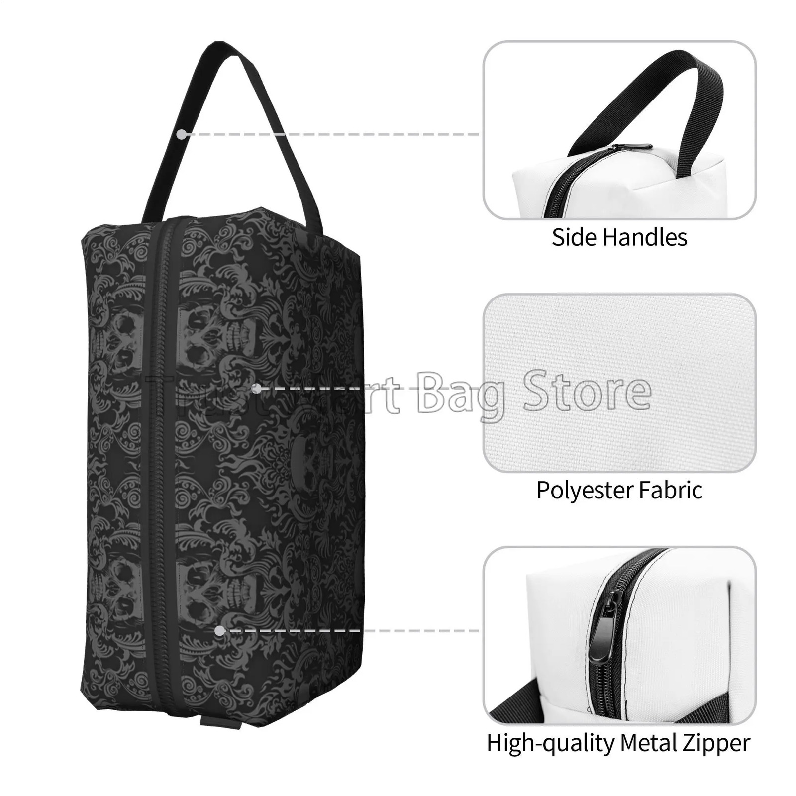 Skull Brocade Storage Black Portable Large Capacity Mens Travel Makeup Bag 2410…
