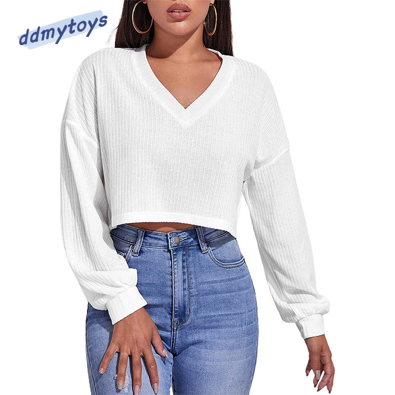 dongdumaoyi autumn and winter casual solid color long sleeved loose knit V neck crop top T shirt women 's clothing F1008#21
