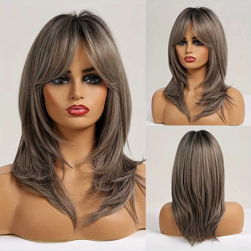 Ombre Color Blonde Wig with Bangs Long Straight Wigs for Women Synthetic Wig Dark Roots for Daily Party CosplayXJ241008