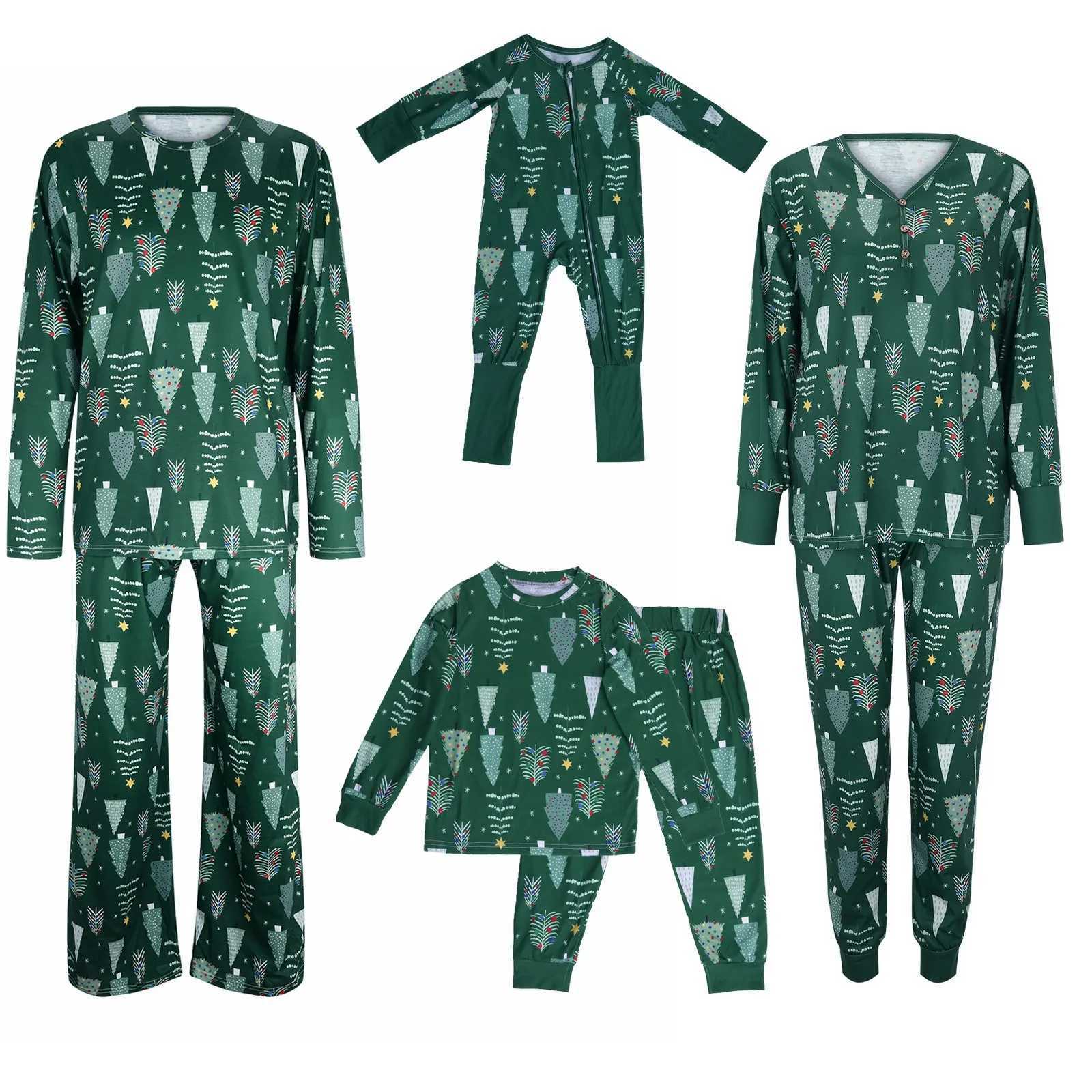 Green Pink Christmas Pajamas Family Matching Clothing Tree Printing Parents and Childrens Clothing Family Clothing Navidad W241008
