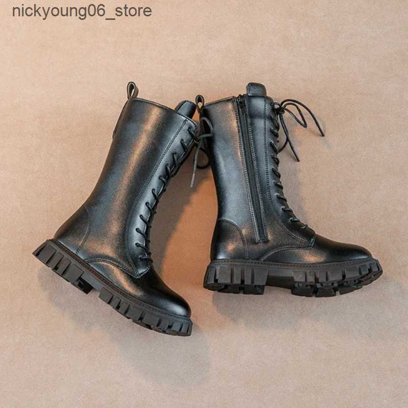 Boots Simple Children High Boots Korean Style Non-slip Black Boots for Girl Spring Autumn Versatile Kids Fashion Leather Long Boots L240910