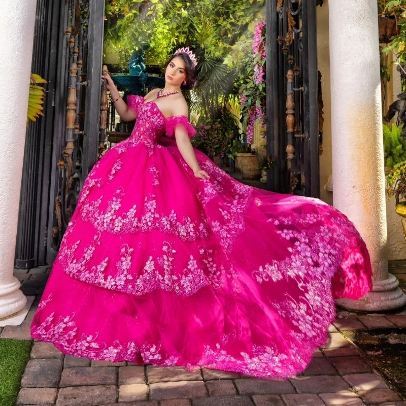 Rose Red Off The Shoulder Quinceanera Dresses Applique Lace Crystal Beads Sequined Ball Gown Corset Vestidos 15 Para XV Anos Sweet 16 Dress