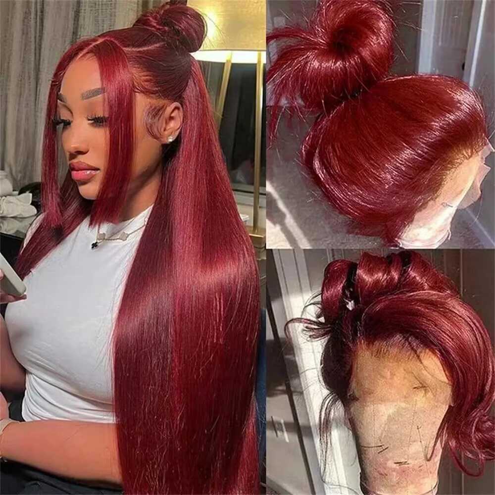 Burgundy 13x6 HD Lace Frontal Human Hair Wig Straight Red 13x4 Lace Front Human Hair Wigs For Women 99J Colored 200 High DensityXJ241008