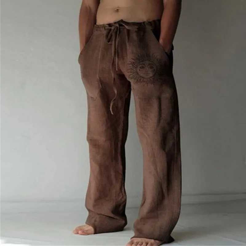 Mens Casual Pants sweatpants Sun Flower Print Full Length Pants Pocket Drawstring Linen Trousers MenX241008