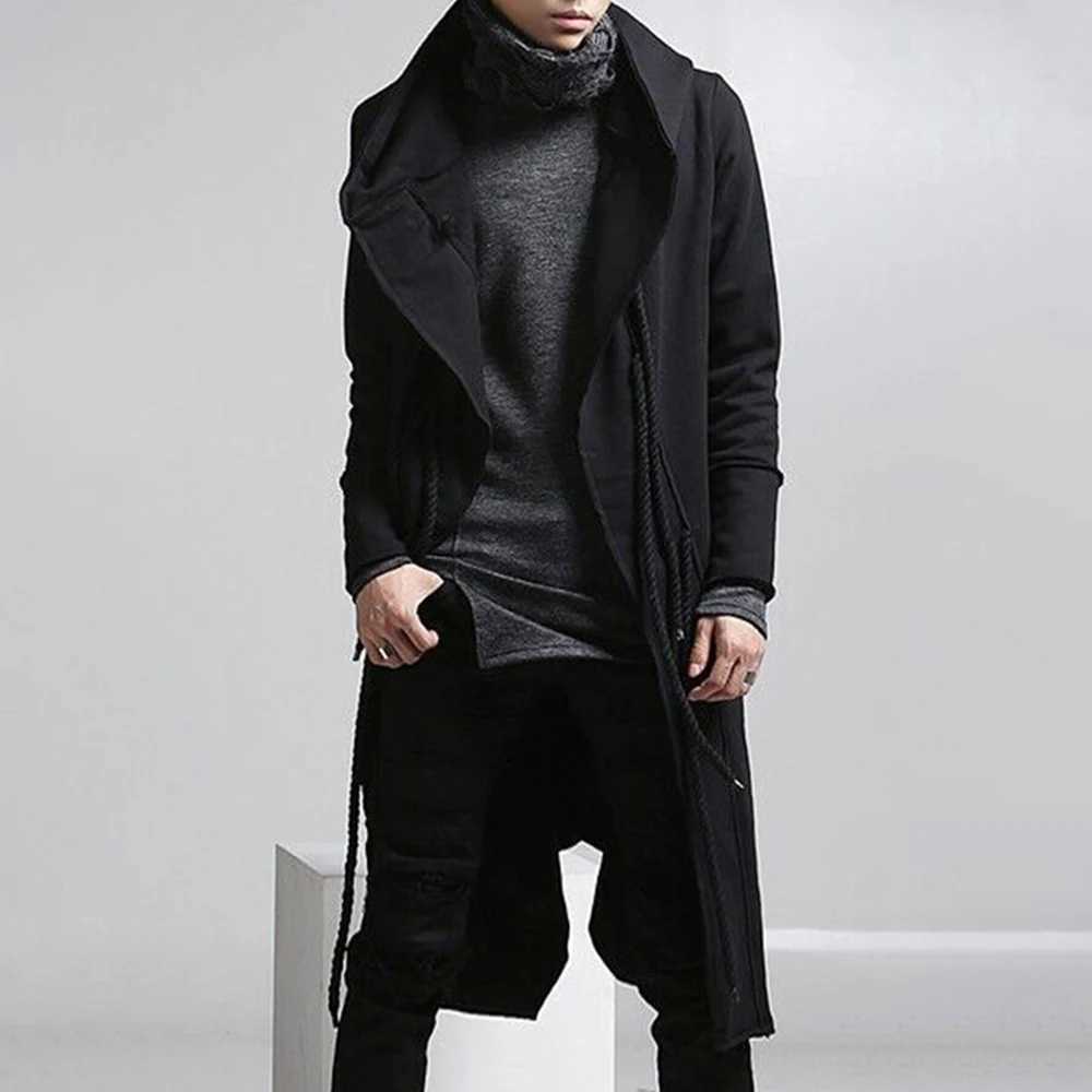 Mens trench coat Korean dark style autumn and winter cool windproof hip-hop medium length fashionable mens hooded sweatshirt W241007