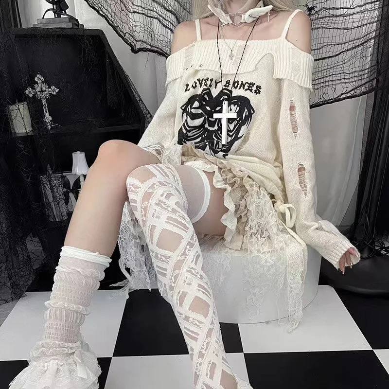 Womens white floral knit sweater Harajuku Korean style 90s Y2k long sleeved shoulder cross sweater retro 2000s clothing 240927