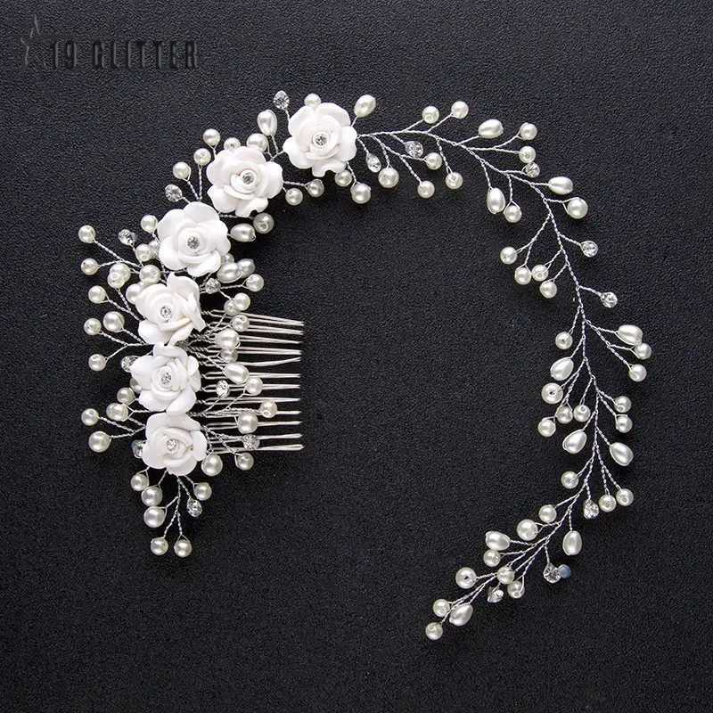 Bridal Wedding Crystal Bridal Hair Accessories Pearl Flower Head with Handmade Hair Bead Decoration Female Haircomb W2410075