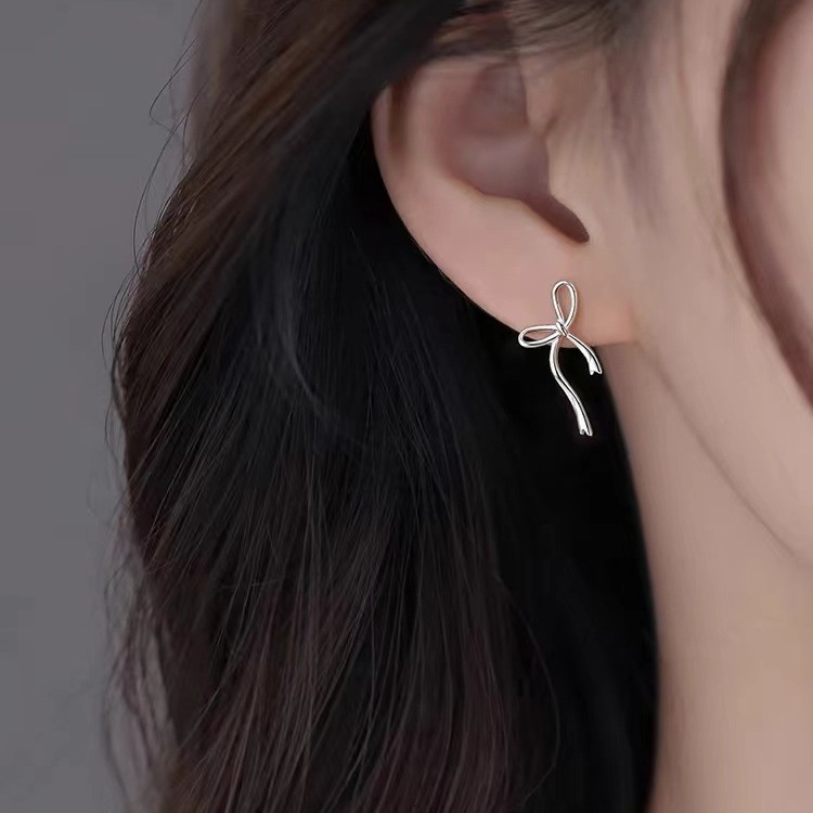 Pure sier needle bow light women's high-end earrings, 2024 new earrings