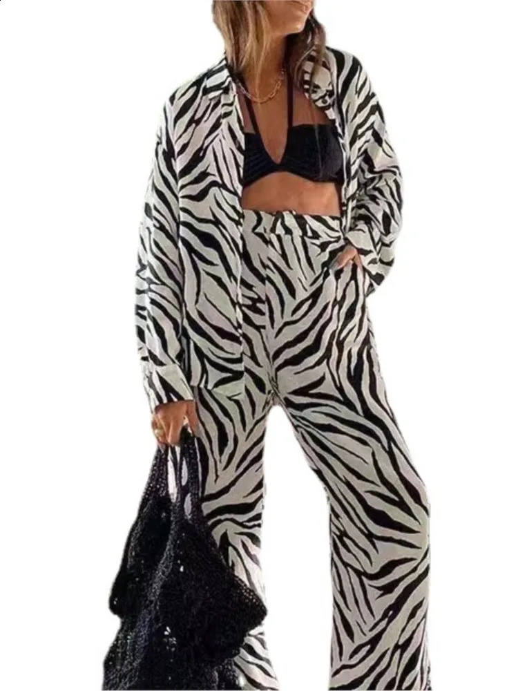 Women set Autumn Long Sleeve Lapel Printed Casual Fashion Elegant Beach Loose Wide Legs Trousers Ladies Two Piece Suits MsChuh 241007