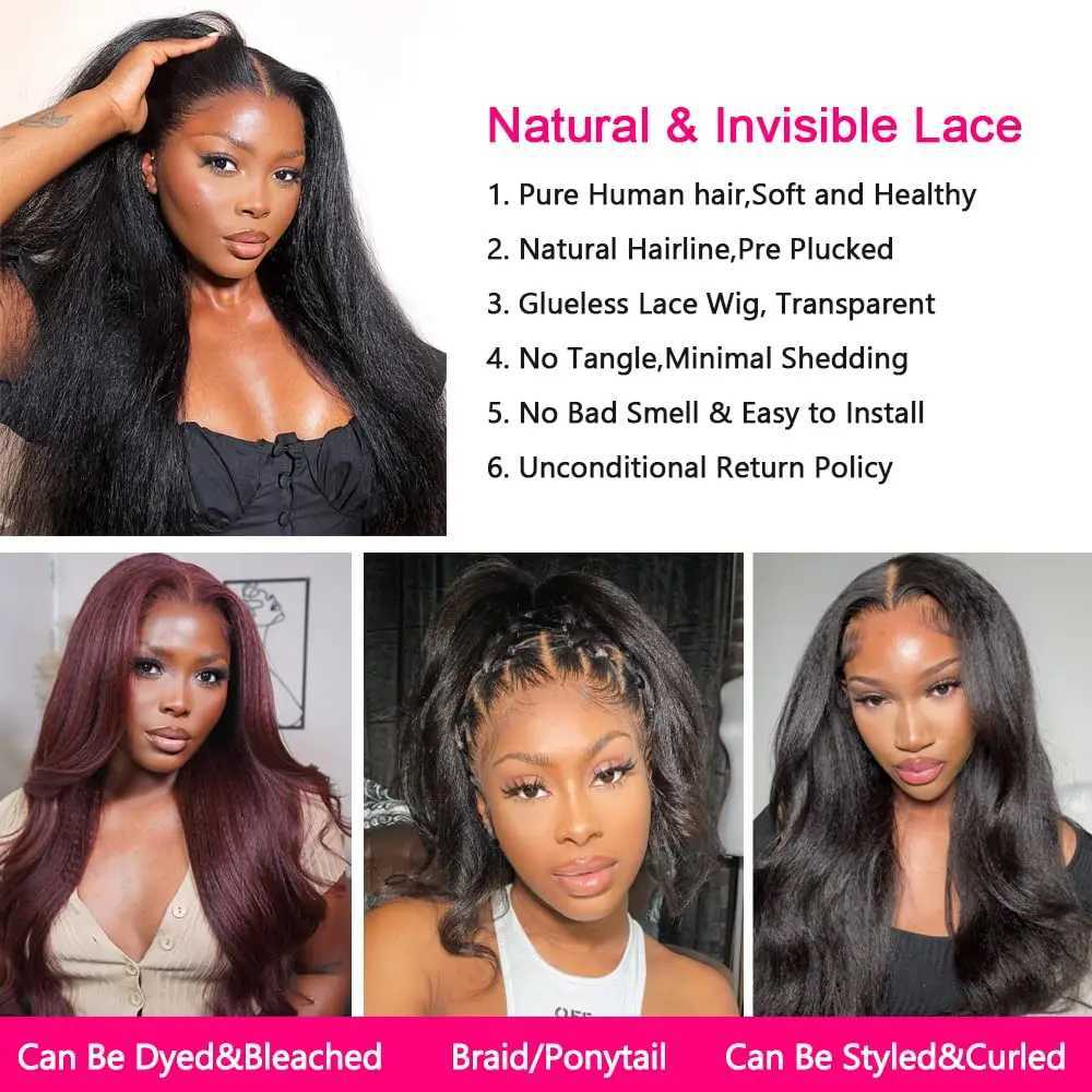 200 Full Density Kinky Straight Lace Front Human Hair Wig 13x6 Hd Transparent 4c Edges Lace Frontal Yaki Straight Wig For WomenXJ241008