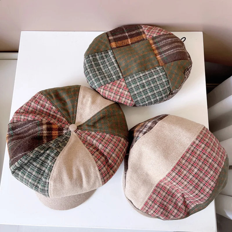 Vintage plain weave patchwork beret wool octagonal hat warm s boy street hat painter hat retro front hat British plain weave hat 241007