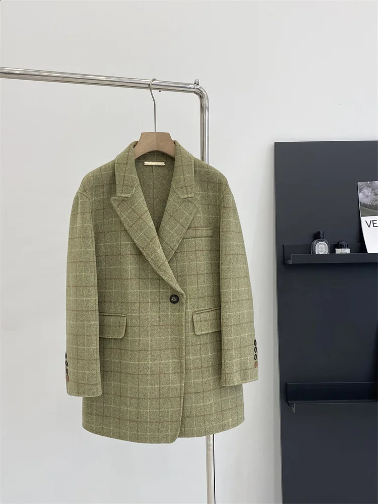 Green grid 100% wool coat womens Korean fashion elegant wool jacket 240927