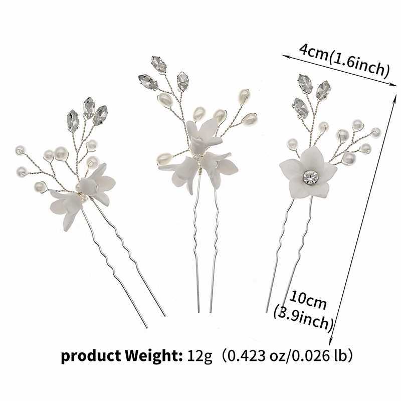 3 pieces/batch Brides Wedding Ceramic Flower Hair Accessories Pearl Water Diamond Hair Pin Womens Headwear Jewelry Bridesmaids Gift W241007