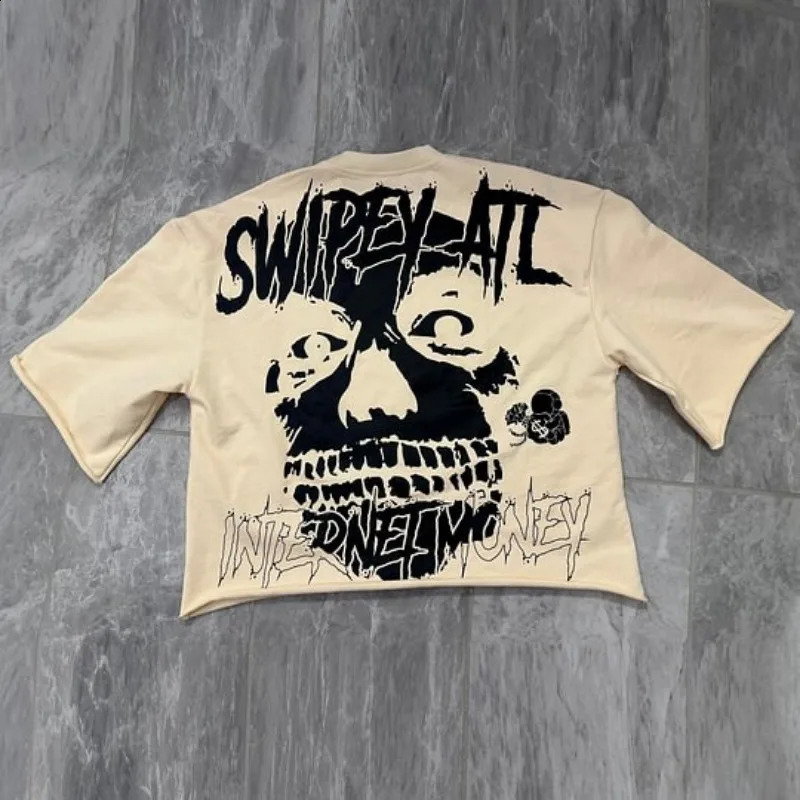 Vintage Skull Print 100% Cotton Cropped T-Shirt Men Y2K Gothic Summer Short Sleeves Oversize Tshirt Streetwear Women Tops 241008