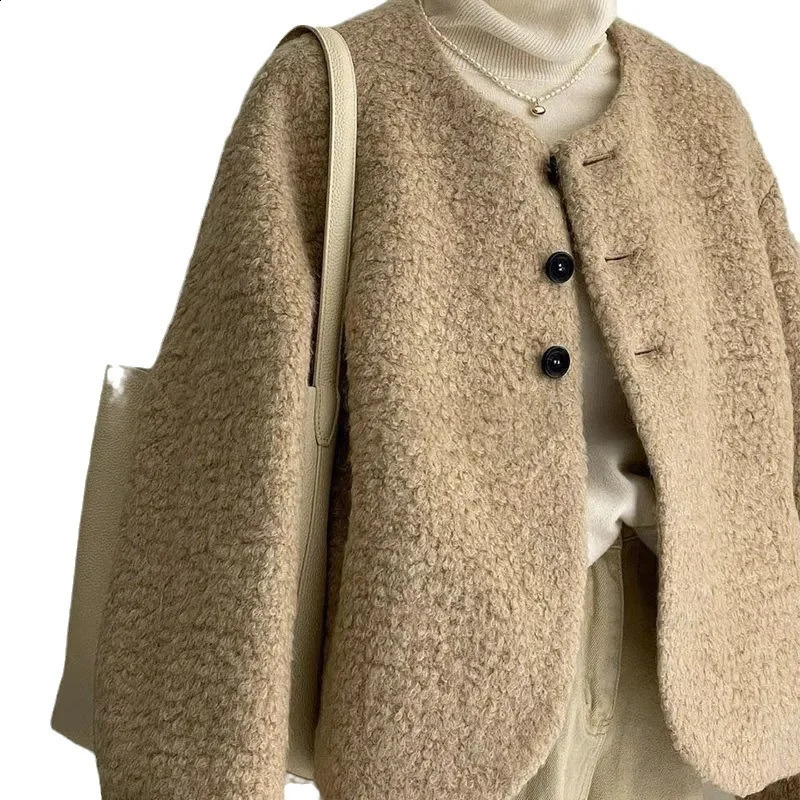 Korean Style Womens Cropped Jacket Spring Autumn Winter Lambswool Milk Tweed Style Age-reducing Petite Milk Tan Top 241008