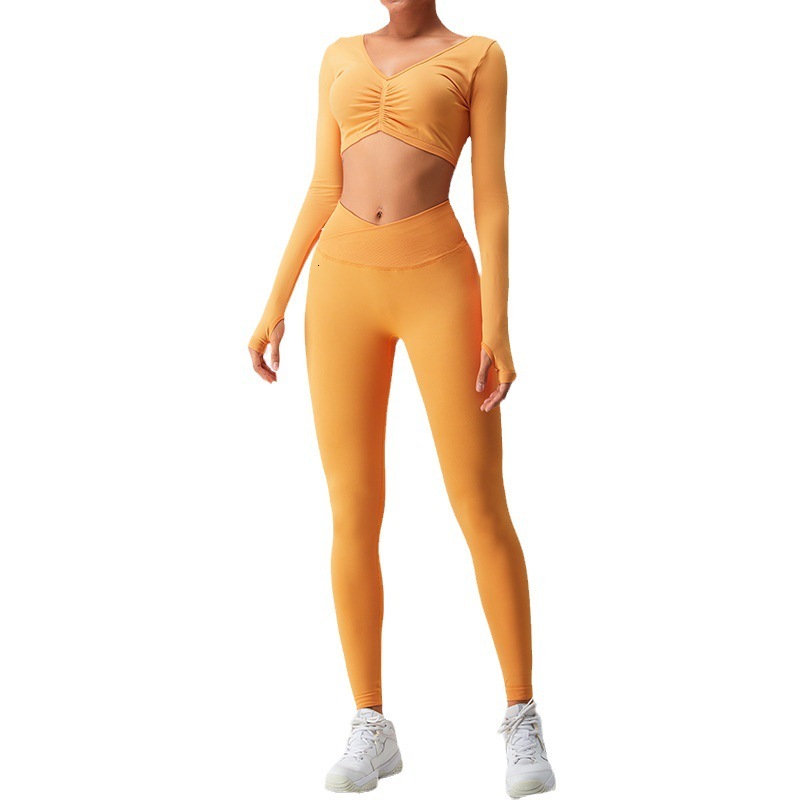 Autumn new seamless women's long sleeved cross abdominal yoga pants running sports fitness suit set