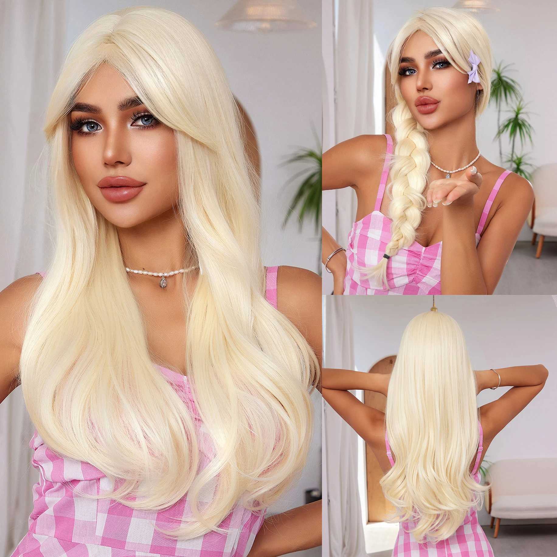 Medium Long Barbie Synthetic Wavy Wigs Blonde Hair Wig with Side Bangs for Ladies and Girls Daily Princess Use Cosplay PartyXJ241008