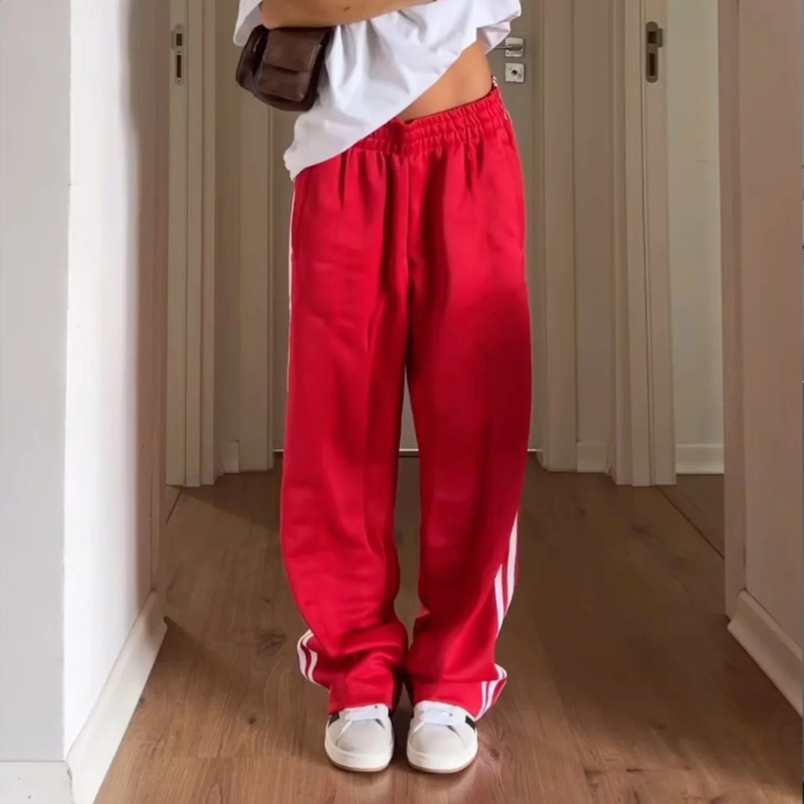 Women Y2k Wide Leg Track Pants Baggy Striped Joggers Sweatpants Elastic Waist Color Block Parachute with Pockets 241007