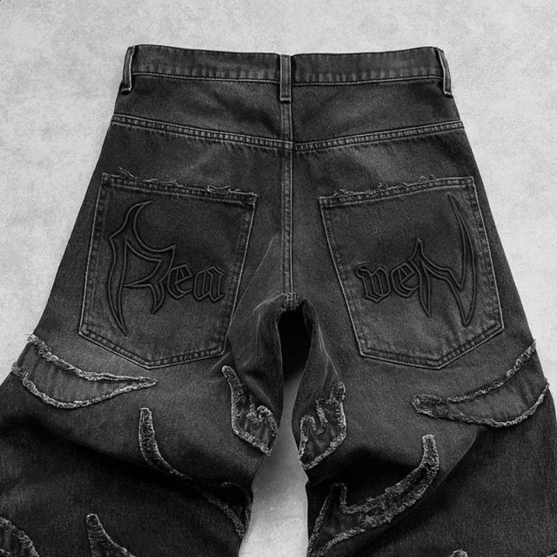 Baggy mens jeans Y2k hip-hop Distressed retro black pants oversized embroidered Harajuku Gothic wide leg Trouser streetwear 241008