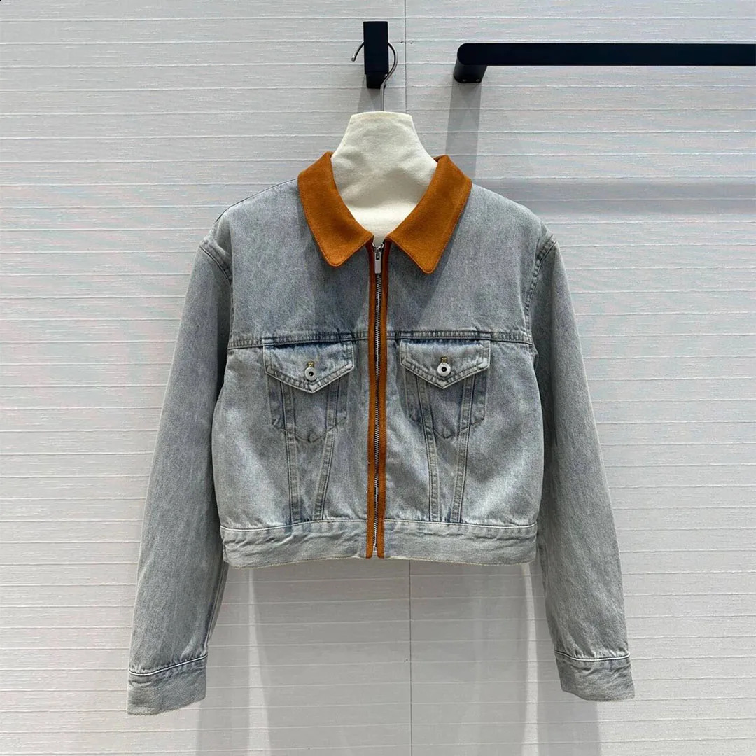 autumn fashion suede trimmed washed denim shorts jacket womens lapel zipper long sleeved pocket retro jacket 240925