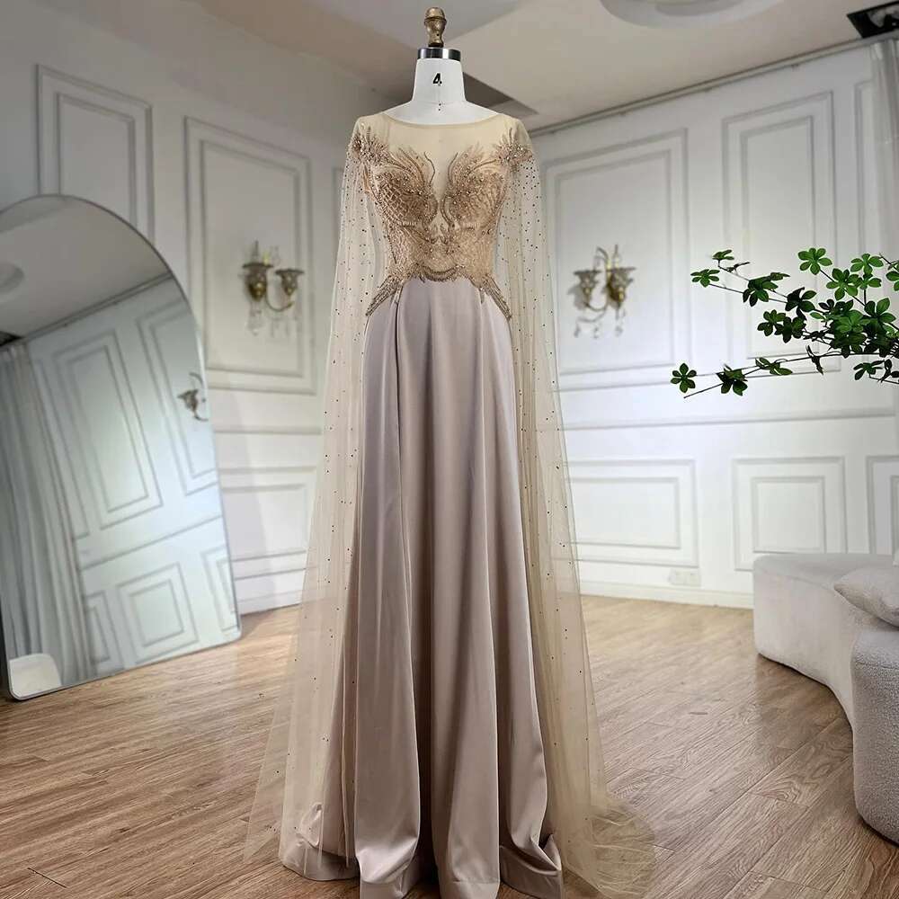 Serene Hill 2024 Cape Sleeves Satin A e Lace Beaded Dubai Evening Dresses Gowns For Formal Ocn LA72702