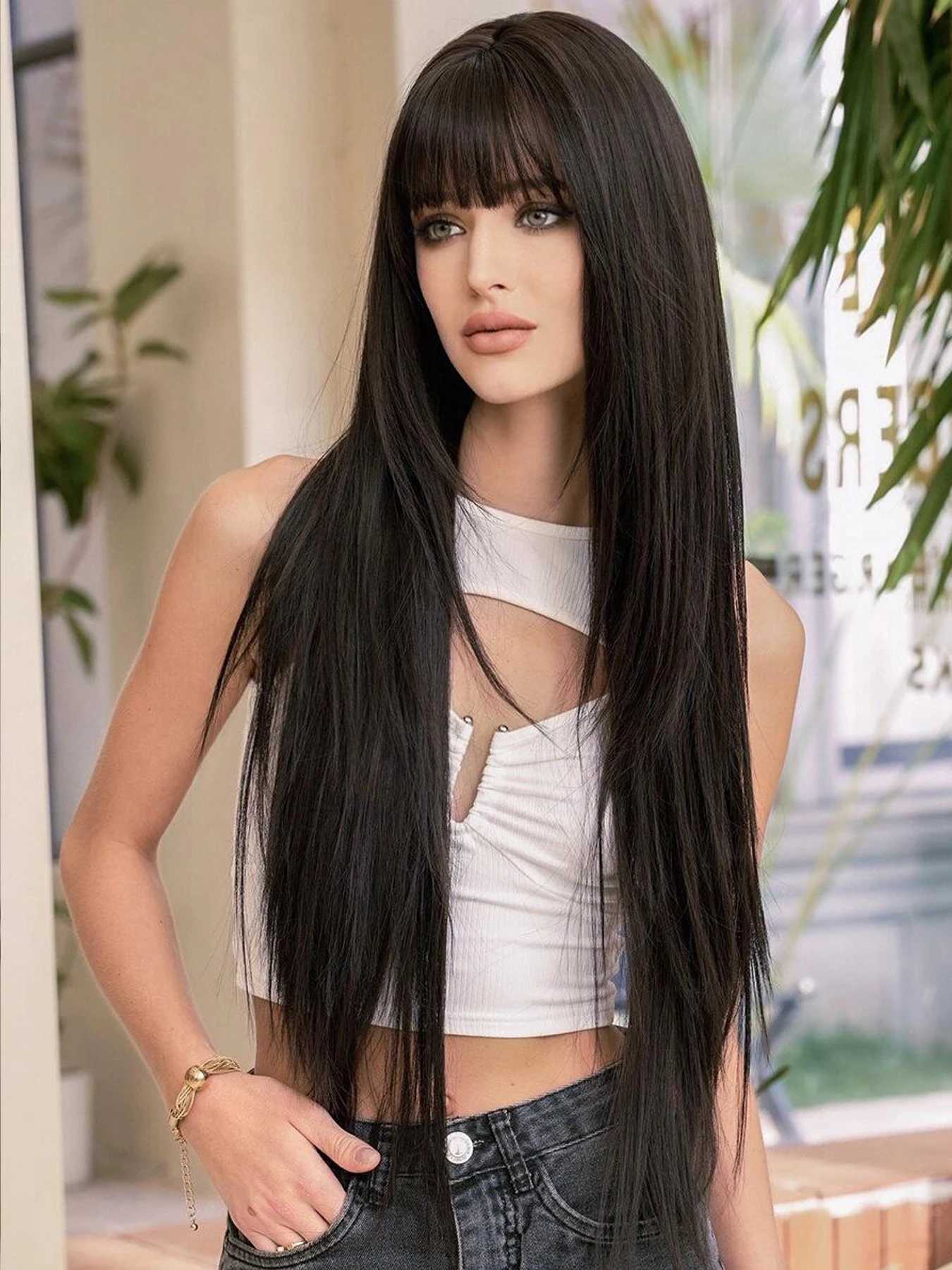 Long Silky Straight Synthetic Wigs with Bangs Black Cosplay Party Lolita Hair Wigs for Women Natural Heat Resistant WigXJ241008