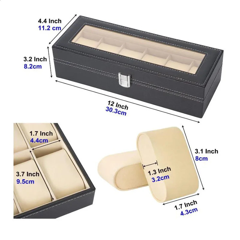 6-slot PU leather watch box display box jewelry organizer with glass top 241007
