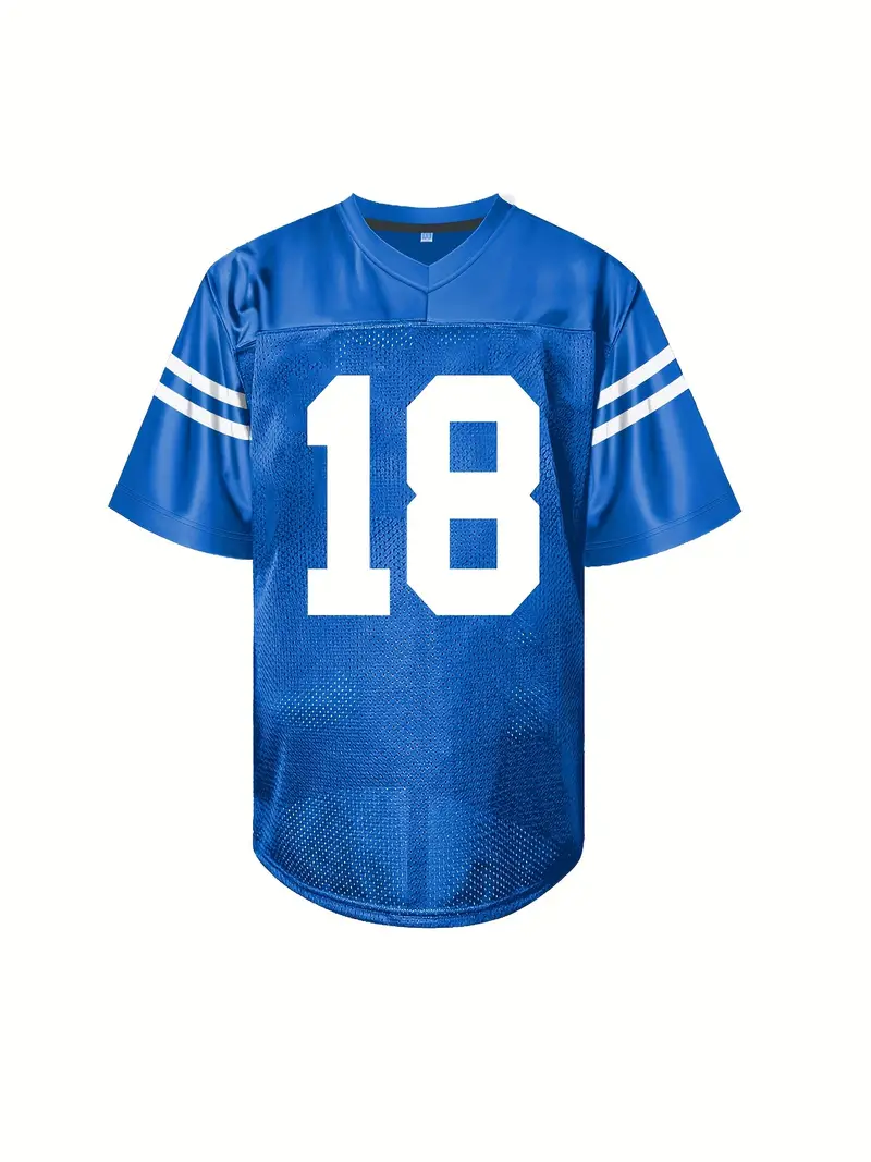 #18 Peyton Manning Comfy V-Neck Football Jersey Blue Mesh Embroidery for Training and Competition Breathable Moisture-Wicking American Football Shirt