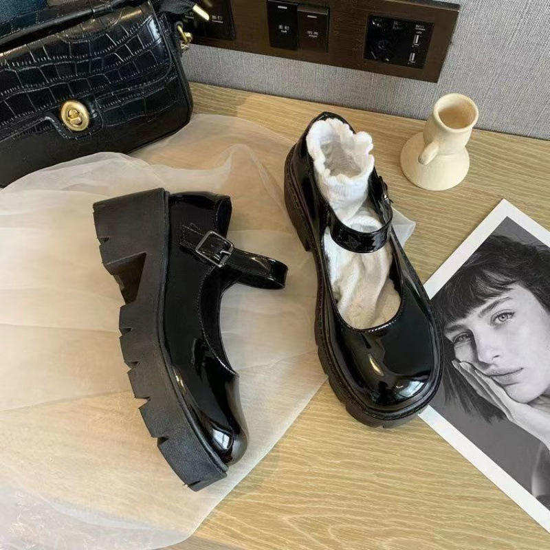 Round toe small leather shoes, women's British style, small fragrance style, JK uniform, black thick sole, one button Mary Jane shoes, single sho