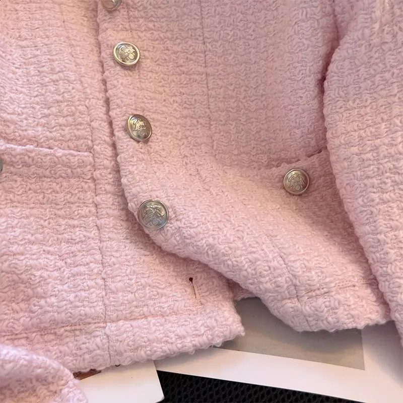 Pink Elegant O-neck Tweed Cropped Jackets Women Casual Chic Single Breasted Short Coats Tops Korean Long Sleeve Vintage Abrigos 241008