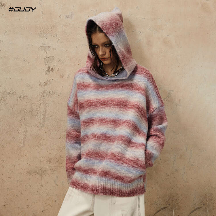 #OVDY 24FW Autumn/Winter New Hooded Knitted Sweater Dopamine Wearing Striped Niche Couple Top