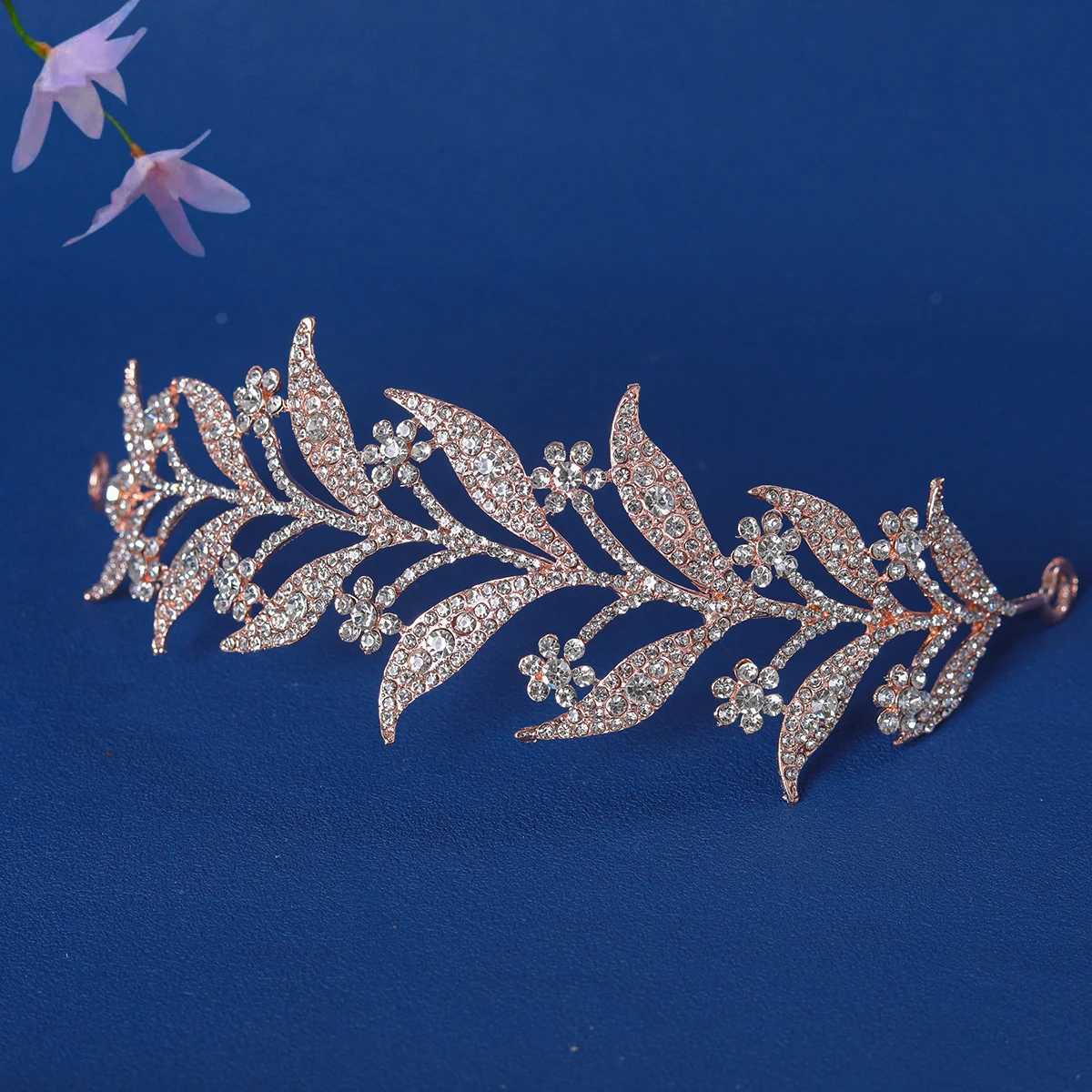 Fashion Rose Gold Silver Flower Crystal Water Diamond Tiaras Crown Female Queen Princess Diadem Wedding Hair Accessories W241007